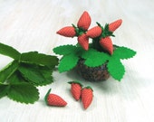 Set of 9 Strawberries in Plant Pot To Pick For Kids Pretend Fruits Red Green Sweetest Strawberry Fabric Play Food Mini Garden Kids Garden