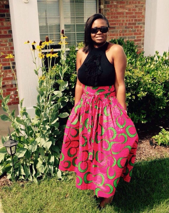 Pink Green African Ankara Midi Skirt African by MsAlabaAfricanShop