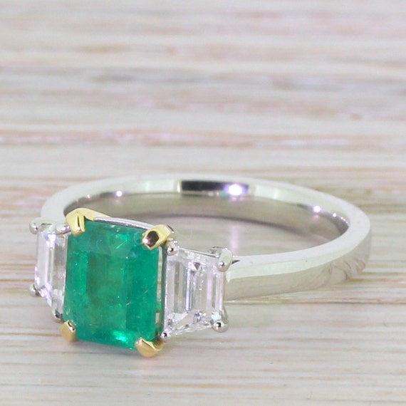 Retro Emerald & Trapeze Cut Diamond Trilogy Ring by GatsbyJewels