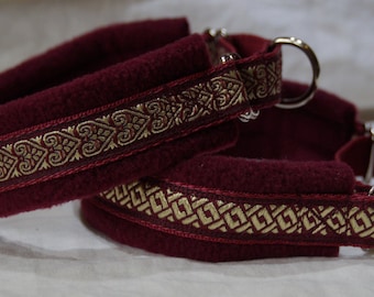 Fleece Lined Martingale Dog Collar -Burgundy & Gold - 35mm width