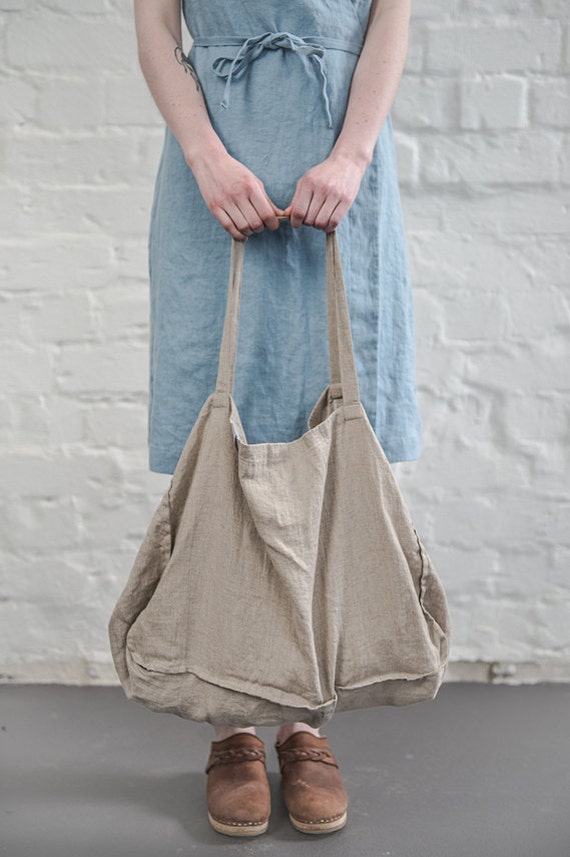 Large natural linen tote bag  linen beach bag