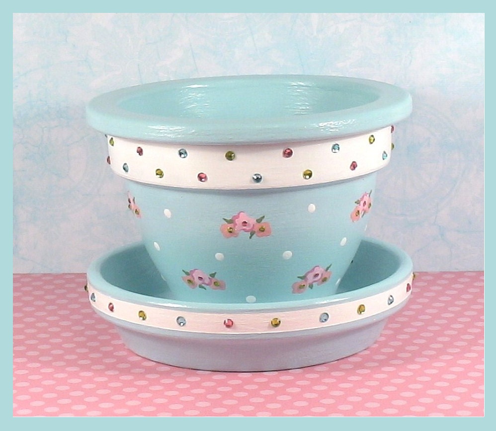 Blue Floral Handpainted Pot Pastel 4.5 inch Flower Pot and