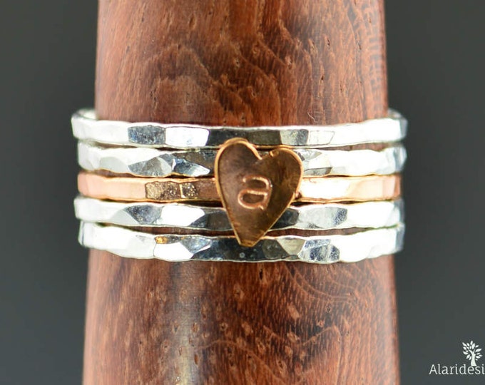 Golden Rose Heart Ring, Sterling Silver, Stacking Ring, Personalized Ring, Copper Heart Ring, Initial Heart Ring, Initial Ring, BFF Ring