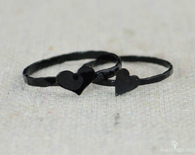 Tiny Black Heart Ring, Sterling Silver, Black Ring, Personalized Heart Ring, Goth Ring, Initial Heart Ring, Initial Ring, Broken Heart Ring