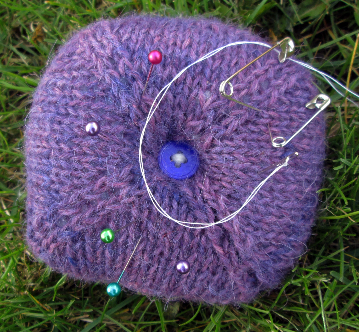 Hand Knit Pin Cushion in Purples and Cream by FluffyTailsHandspun