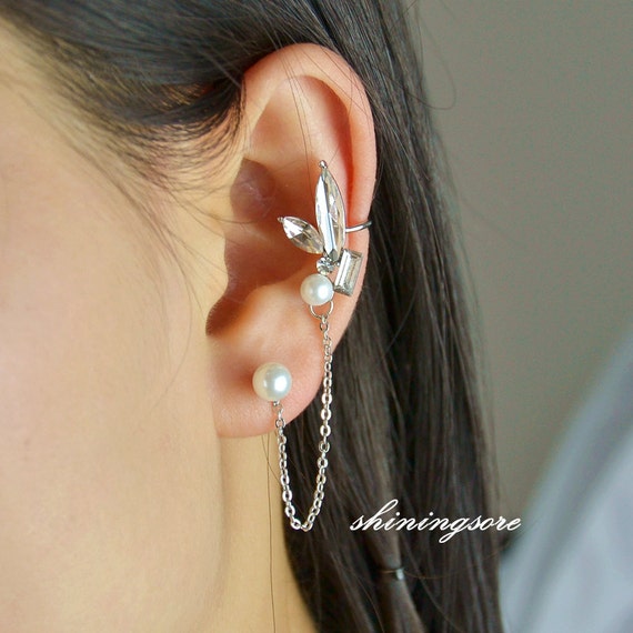 Leaf crystal pearl ear cuff Extra earring with by shiningstore