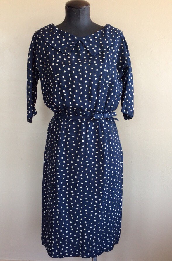 1950s Navy Blue Polka Dot Dress by R&K Originals for B. Siegel