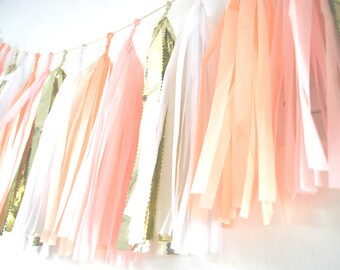 Tissue Tassel Garland - Pink, White and Gold - Wedding Decor / Nursery Decor /