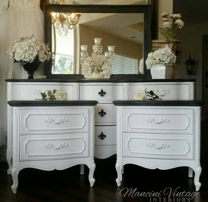 French Provincial Glam Boudoir Bedroom  Set Black and White 