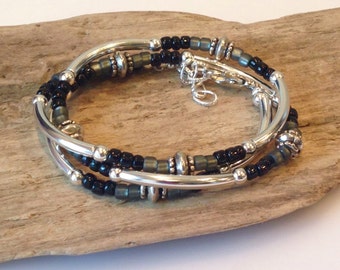Boho Wrap, Silver Tube Wrap Bracelet,Silver, Gray, Black Bracelet, Tibetan, Boho, 3X Wrap, Multi Wrap, Fun Wrap Bracelet