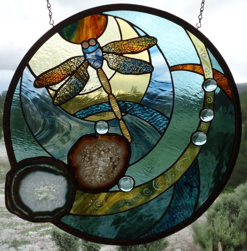 stained glass window panel DRAGONFLY BLUES
