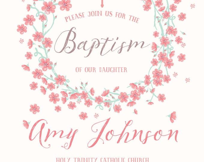 Baptism Invitation. Pastel colors. Floral baptism invitation. Printable invitation. Caligraphy invite.Vintage baptism invite. Cherry Blossom