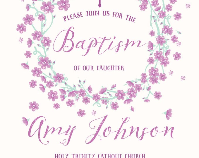 Baptism Invitation. Pastel colors. Floral baptism invitation. Printable invitation. Caligraphy invite.Vintage baptism invite. Cherry Blossom