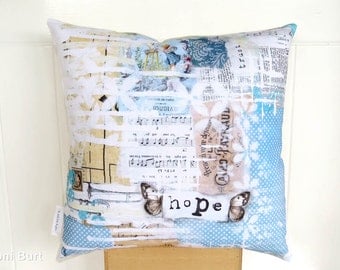 hope throw pillow, accent pillow, accent cushion, shabby cottage chic, sofa accent pillow, French country decor, blue pillow butterfly quote