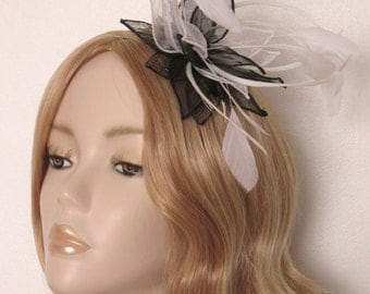 BLACK and WHITE Fascinator, Sinamay and organza petals, biot and coque feathers, sequins, on a 3mm silver headband