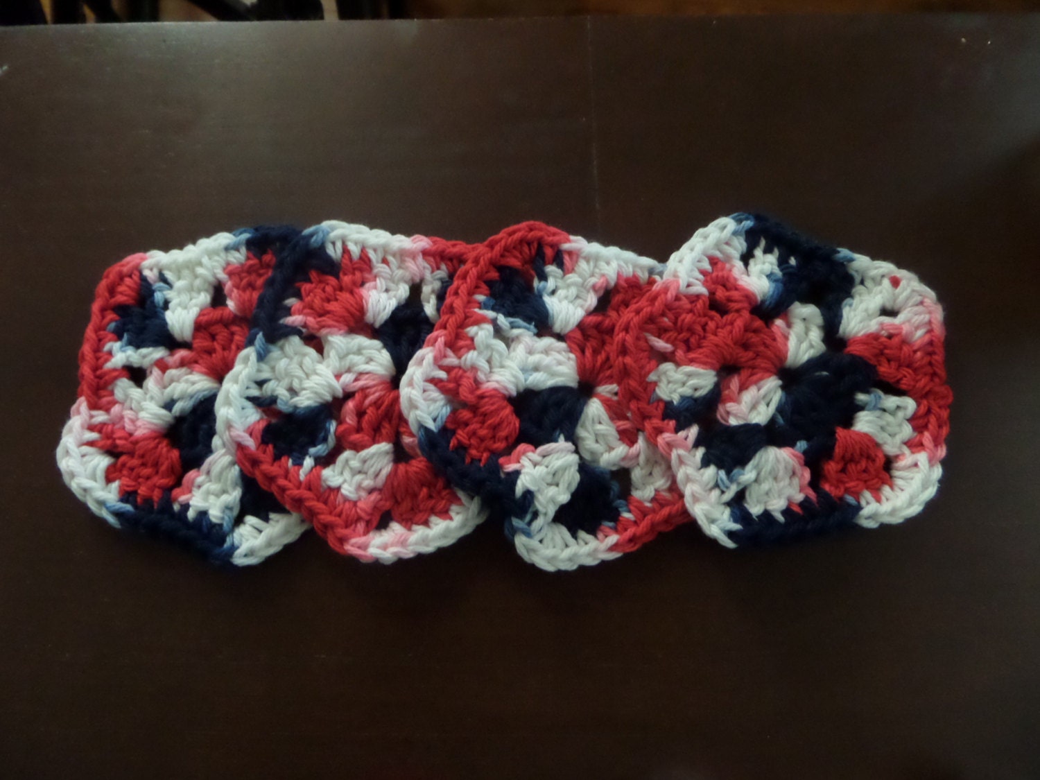 Red White and Blue Crochet Coasters Set of 4 Pentagon Cotton