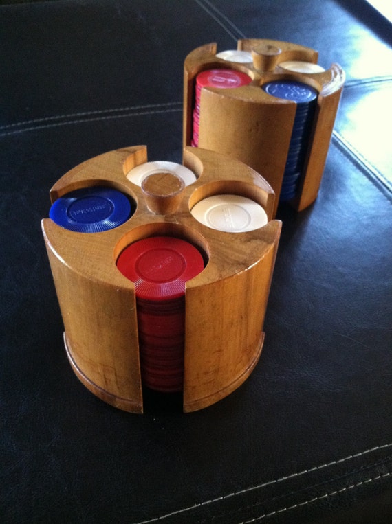 Wooden Poker Chip Holder with Vintage Plastic by RustyRelics1967