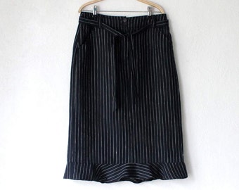 Vintage Striped Linen Pencil Skirt Navy Blue White Midi Skirt Size EU 40/ UK 14/ US 10
