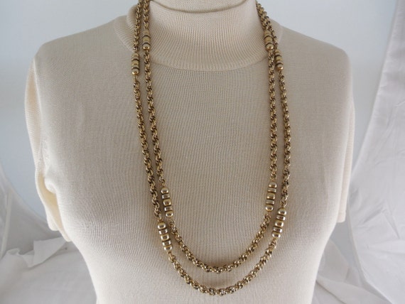 Vintage 1950s Monet Long Heavy Gold Tone Chain & Bead Necklace