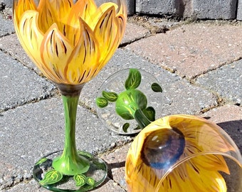 Hand Painted Sunflower Wine Glass (Can be personalized)