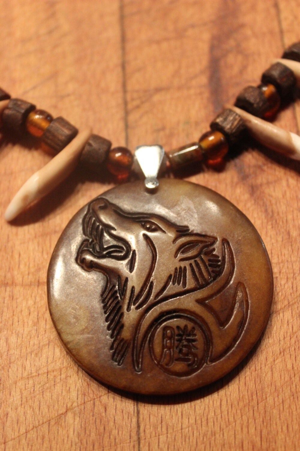Wolf Tooth Necklace 18 Old Jade Carved Pendant Amber