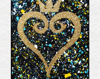 Kingdom Hearts Symbol - Gold Glitter Mixed Media Action Splatter Painting