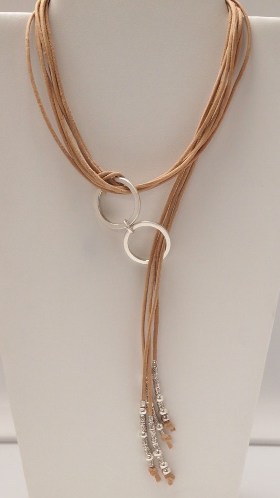 Long Adjustable Length Necklace in Sterling Silver and Leather