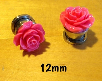 12mm bright pink rose ear plugs for stretched ears