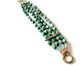 Turquoise bracelet beaded blue green, womens bracelet, real antique childs jewelry bar pin, gemstone jewelry, multi strand, one of a kind