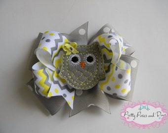 Owl Hair Bow, Grey and Yellow Hair Bow, Grey Owl Hair Bow, Chevron Hair Bow, Polka Dot Hair Bow