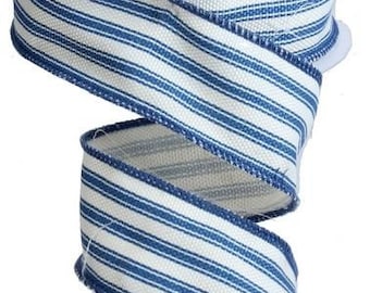 1.5" Blue Stripe Ribbon, Blue White Ticking Stripe Ribbon, Blue White Stripe Ribbon (10 Yards) - RA1221W1