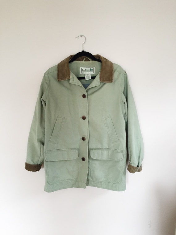 l.l. bean green jacket w brown corduroy collar vintage vtg 90s