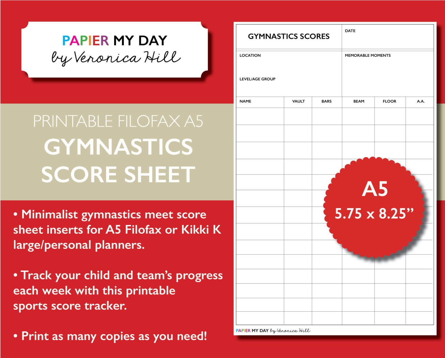 Printable A5 Filofax Gymnastics Score Sheet Gymnastics Score
