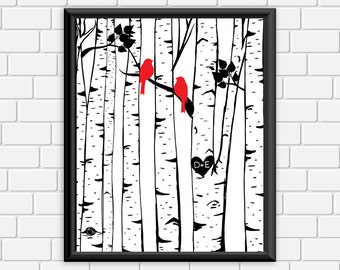 Custom Birch Trees Printable Personalized Initials Anniversary Wedding Black White Birch Tree Birds Digital Print Choose Size & Color