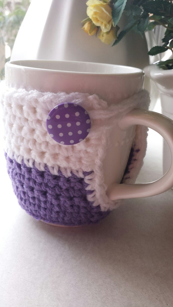 Crochet Coffee Cup Cozy Lavender and White with Polka Dot Button. Ready to Ship