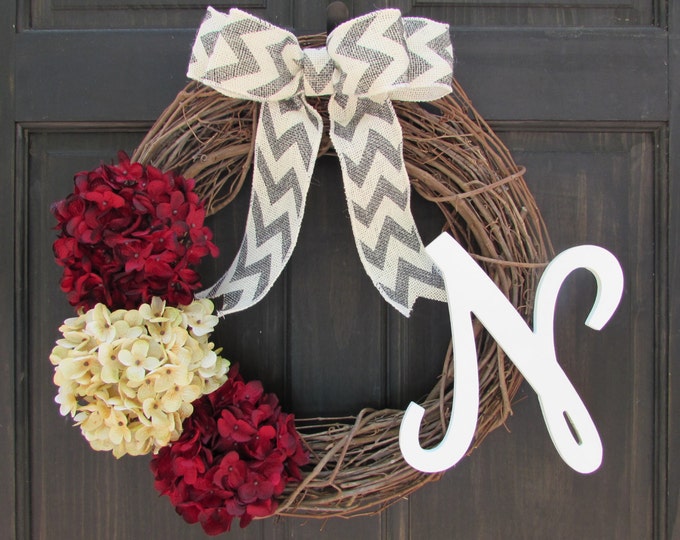 Holiday Monogram Wreath with Red and Cream Artificial Hydrangeas, Initial Wreath for Front Door Decoration, Personalized Front Door Wreath