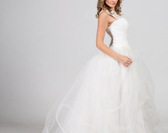 Vintage Inspired A-Line Light-As-Air Wedding Dress with Tulle Skirt, Chantelle Lace Corset, Off Shoulder Illusion Neckline, Long Train