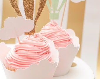 Up Up And Away Hot Air Balloon Cupcake Toppers in Pink Mint and Gold set of 12