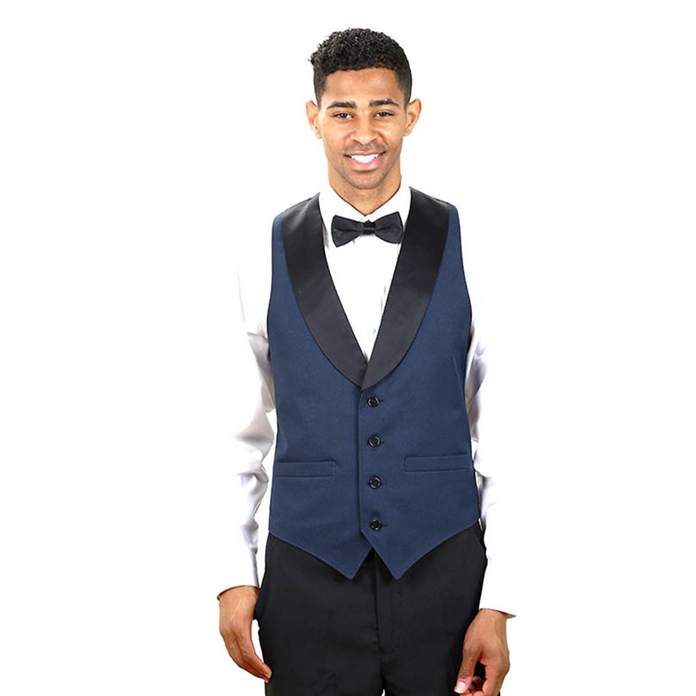 Mens Navy Blue full tuxedo vest with black lapel