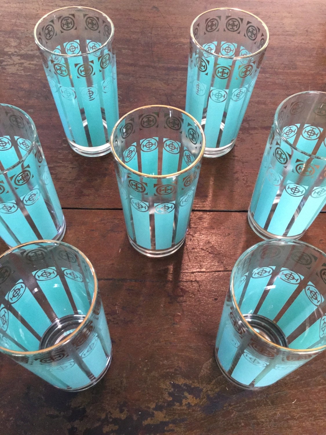 Vintage Turquoise And Gold Tumbler Glasses Set Of 7