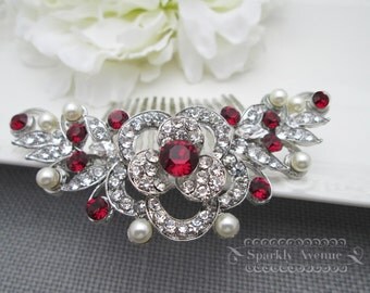 Bridal Hair Comb Ruby Hair Comb Ivory Pearl Wedding Comb Pearl Rhinestone Red Hair Piece Bridal Hair Clip Wedding Accessories Leaf Hair Rose