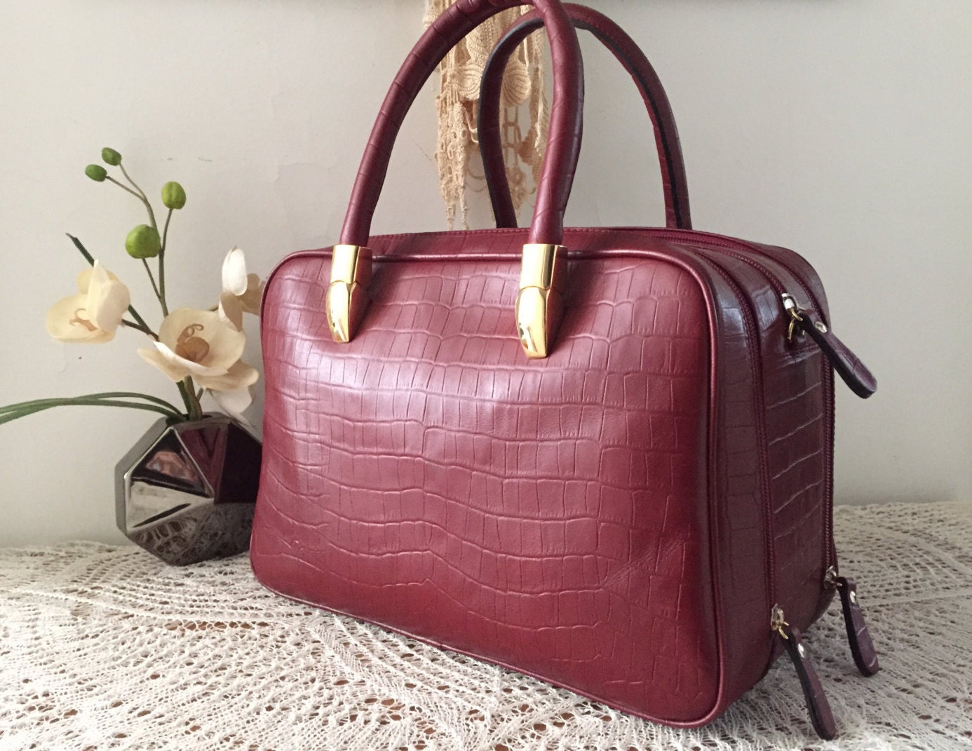 Red leather bag Women briefcase Genuine leather by PomponiBags