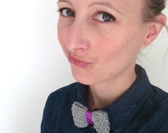 Bow tie in gray wool and satin fuschia Ribbon