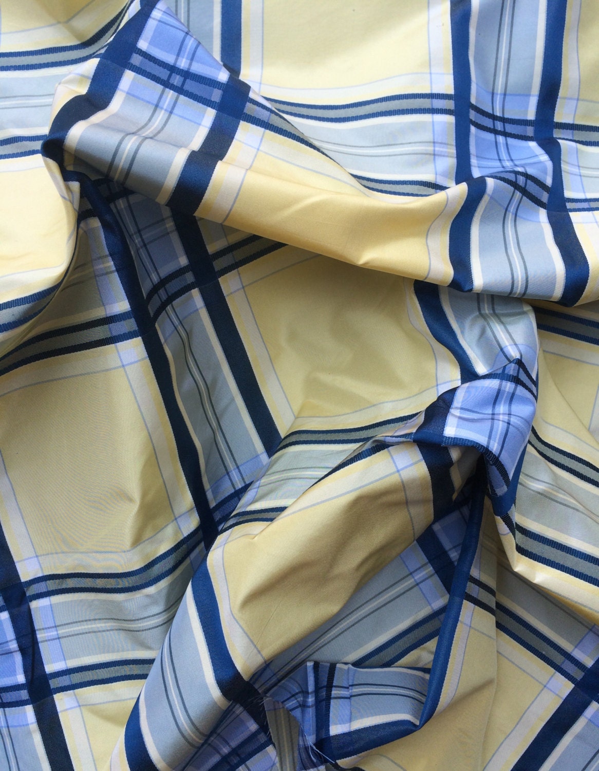 Blue And Yellow Plaid Silk Taffeta Fabric By By Fabricologyshop 