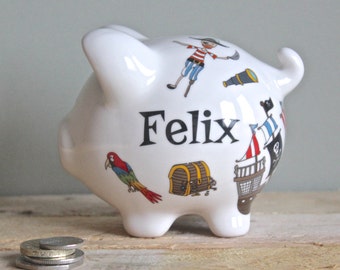 Personalised Piggy Bank for Boys Pirates Design / Birthday Gift for Boys / Boys Christening Gift