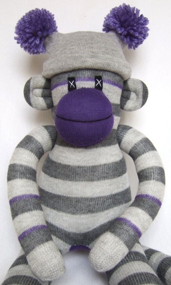Cheeky grey and purple striped Sock Monkey with pom by Sunsetgirl