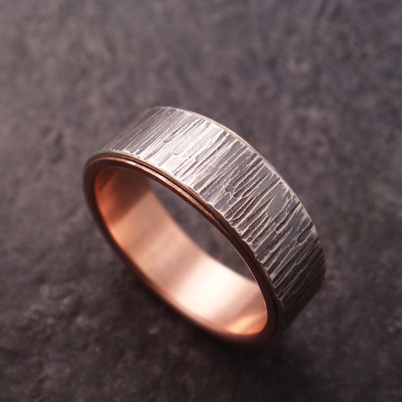 Tree Bark pattern - Wedding Band - Sterling Silver Ring with 14k Rose ...