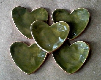 FIVE Ceramic Heart ring bowls itty bittys Avocado green edged in gold
