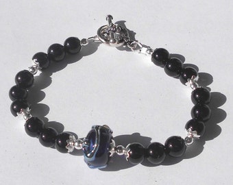 MIDNIGHT Deep Blue Artisan Lampwork Gemstone Black Onyx Silver-tone 6-3/4" Bracelet