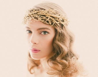 Golden bridal headpiece, Gold or silver wedding crown, Bridal head piece, Gold branch headdress, Golden woodland, Winter bride crown